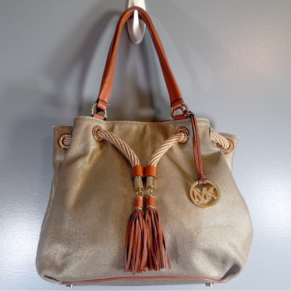 Michael Kors Gold Metallic Shoulder Bag with Brown Leather Accents